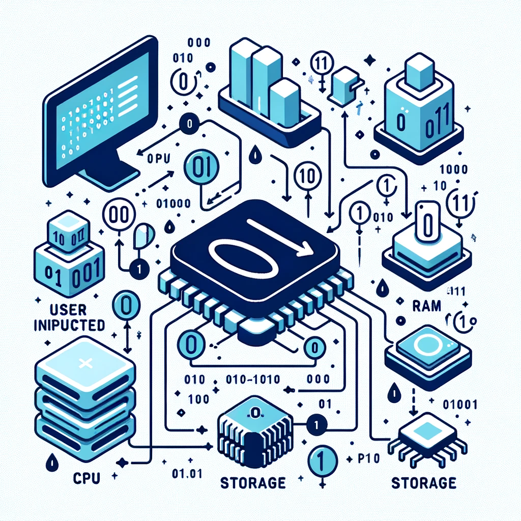 A vector flowchart detailing the conversion of user input data into binary and its flow through computer components.